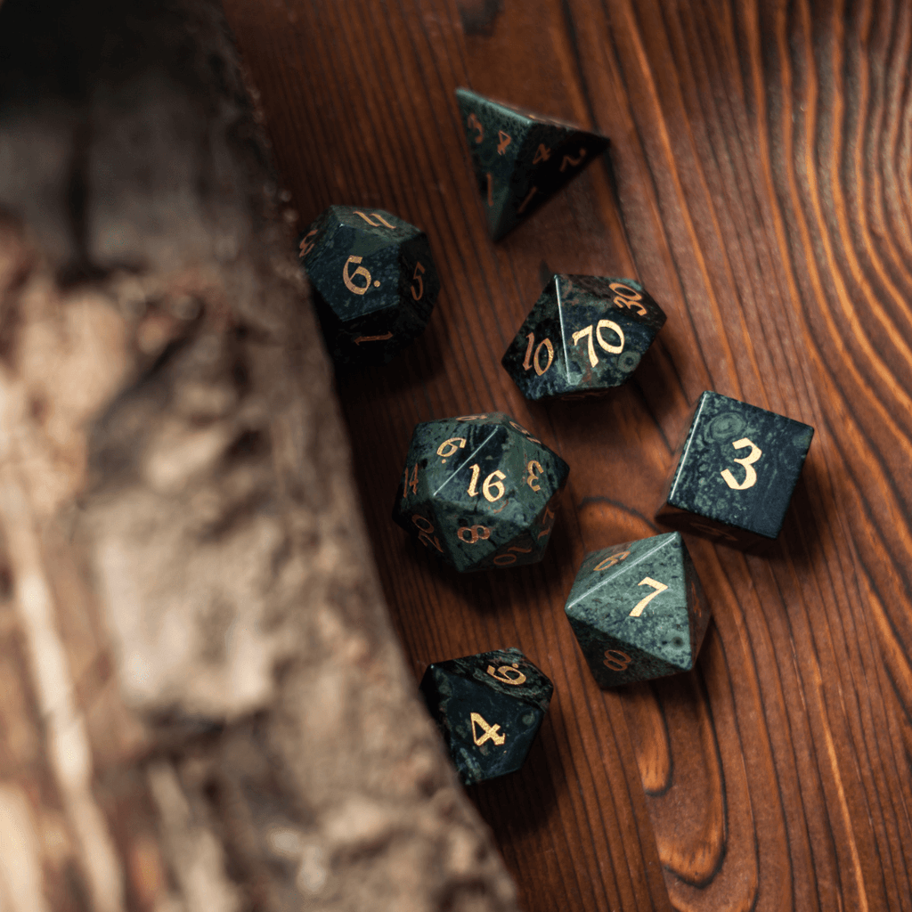 Green Eyed Hand Carved Gemstone DND Dice Set - The misfit market
