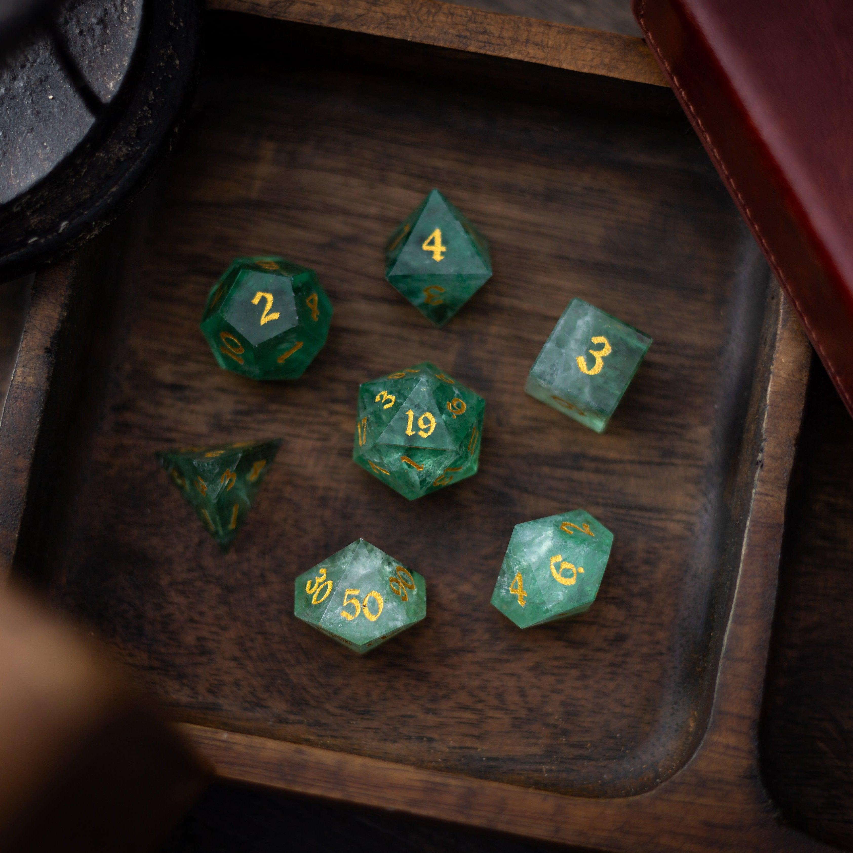 Green Fluorite Gemstone (Chlorophane) Hand Carved DND Dice Set - The misfit market