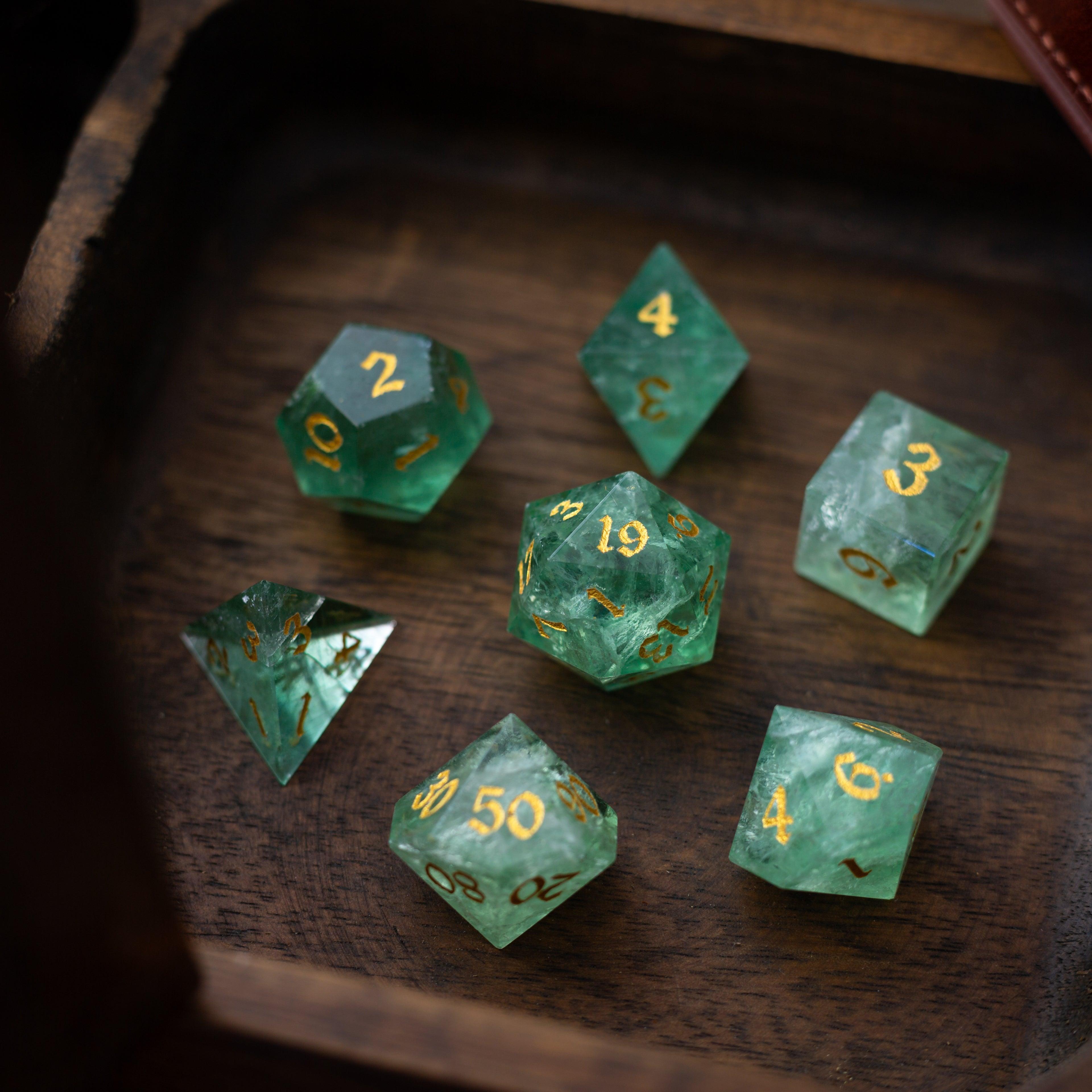Green Fluorite Gemstone (Chlorophane) Hand Carved DND Dice Set - The misfit market