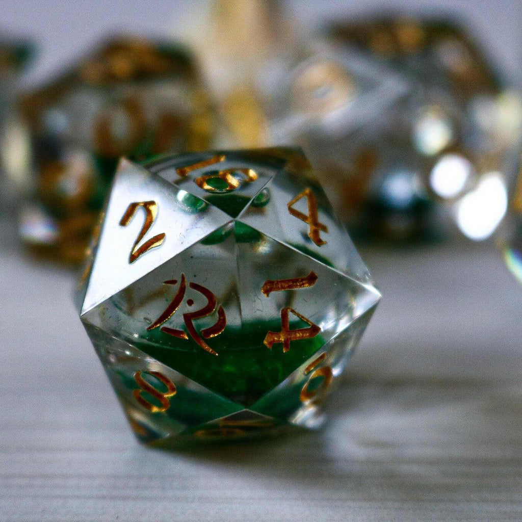 Green Glitter Liquid Core Handmade Sharp Edge Resin DND Dice Set - The misfit market