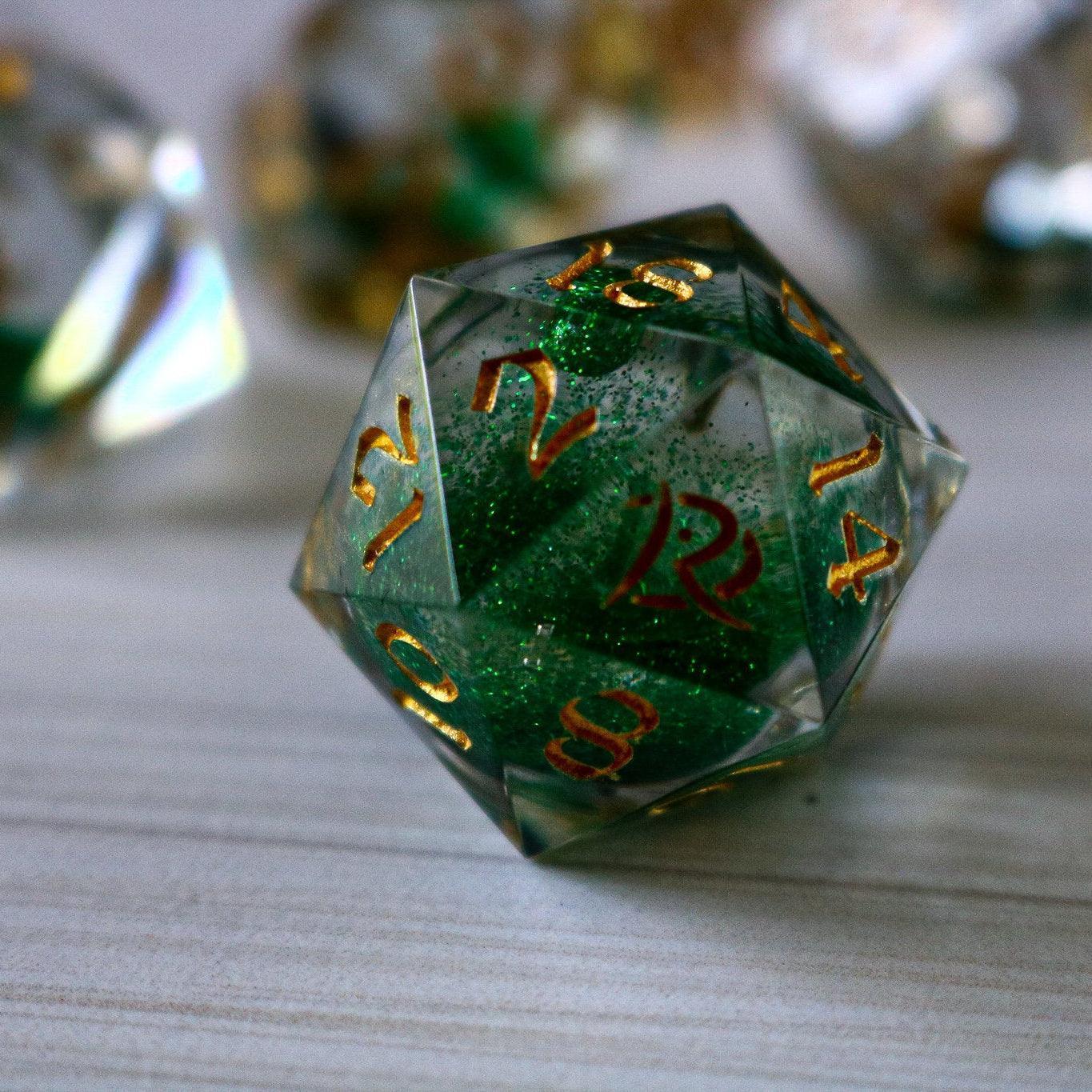 Green Glitter Liquid Core Handmade Sharp Edge Resin DND Dice Set - The misfit market