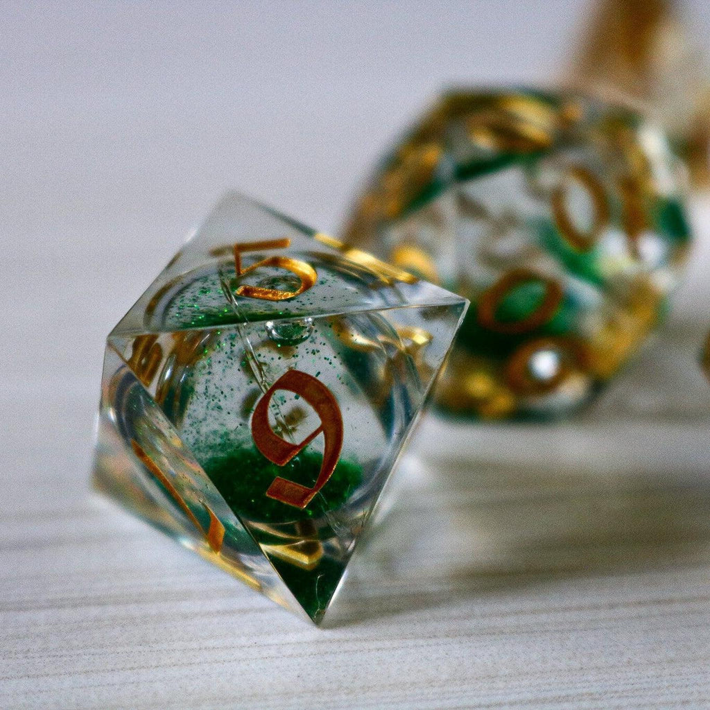 Green Glitter Liquid Core Handmade Sharp Edge Resin DND Dice Set - The misfit market
