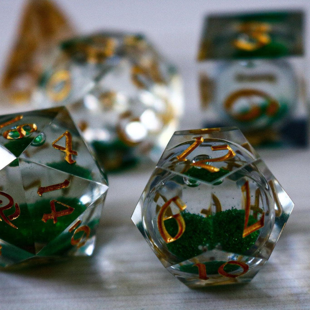 Green Glitter Liquid Core Handmade Sharp Edge Resin DND Dice Set - The misfit market