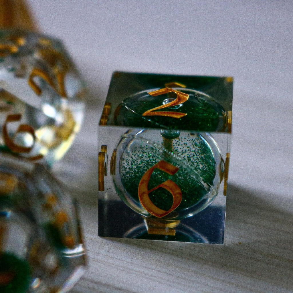 Green Glitter Liquid Core Handmade Sharp Edge Resin DND Dice Set - The misfit market