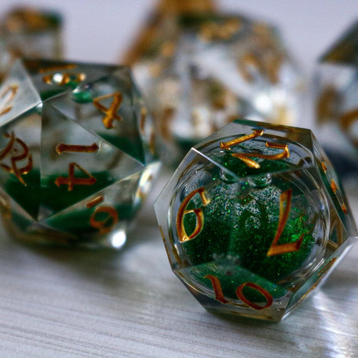 Green Glitter Liquid Core Handmade Sharp Edge Resin DND Dice Set - The misfit market