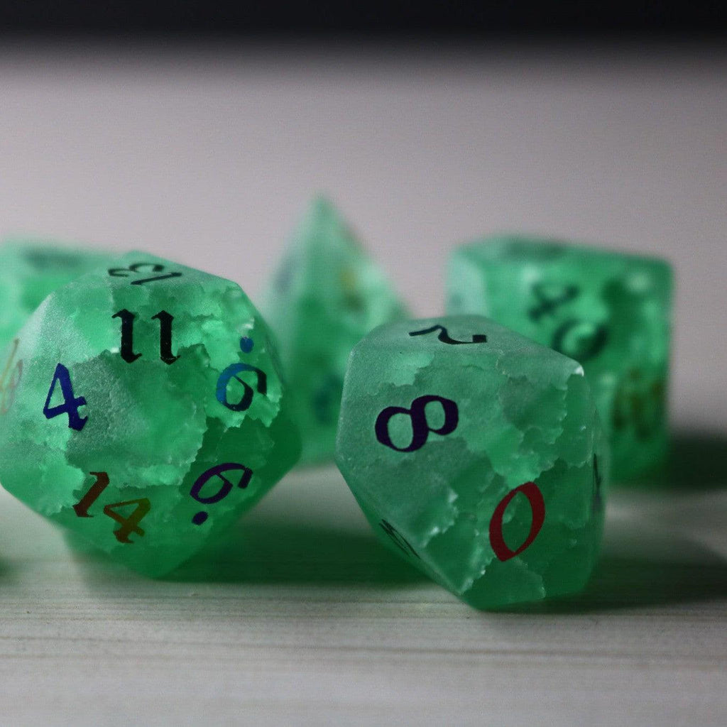 Green Mint Inked Lightning Cracked Glass DND Dice Set - The misfit market