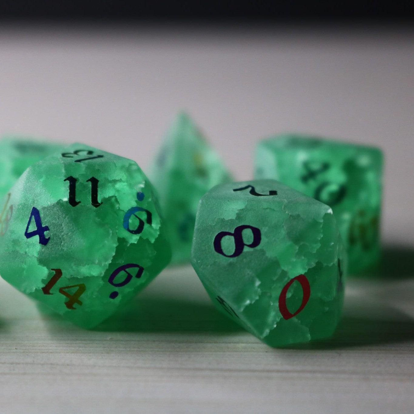 Green Mint Inked Lightning Cracked Glass DND Dice Set - The misfit market