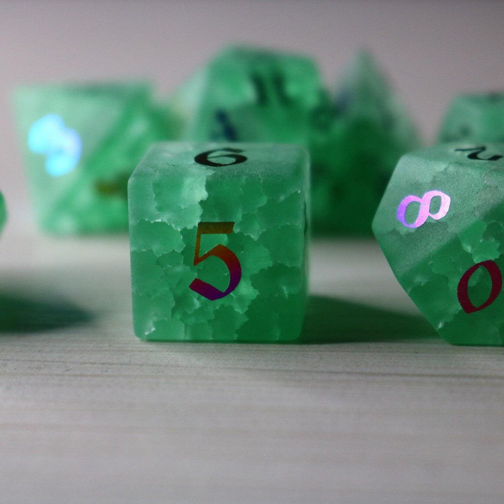 Green Mint Inked Lightning Cracked Glass DND Dice Set - The misfit market