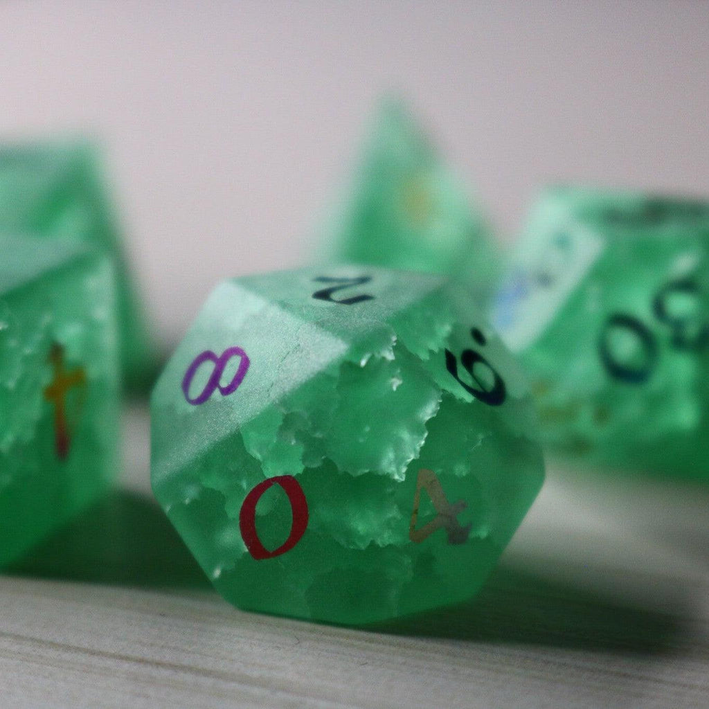 Green Mint Inked Lightning Cracked Glass DND Dice Set - The misfit market