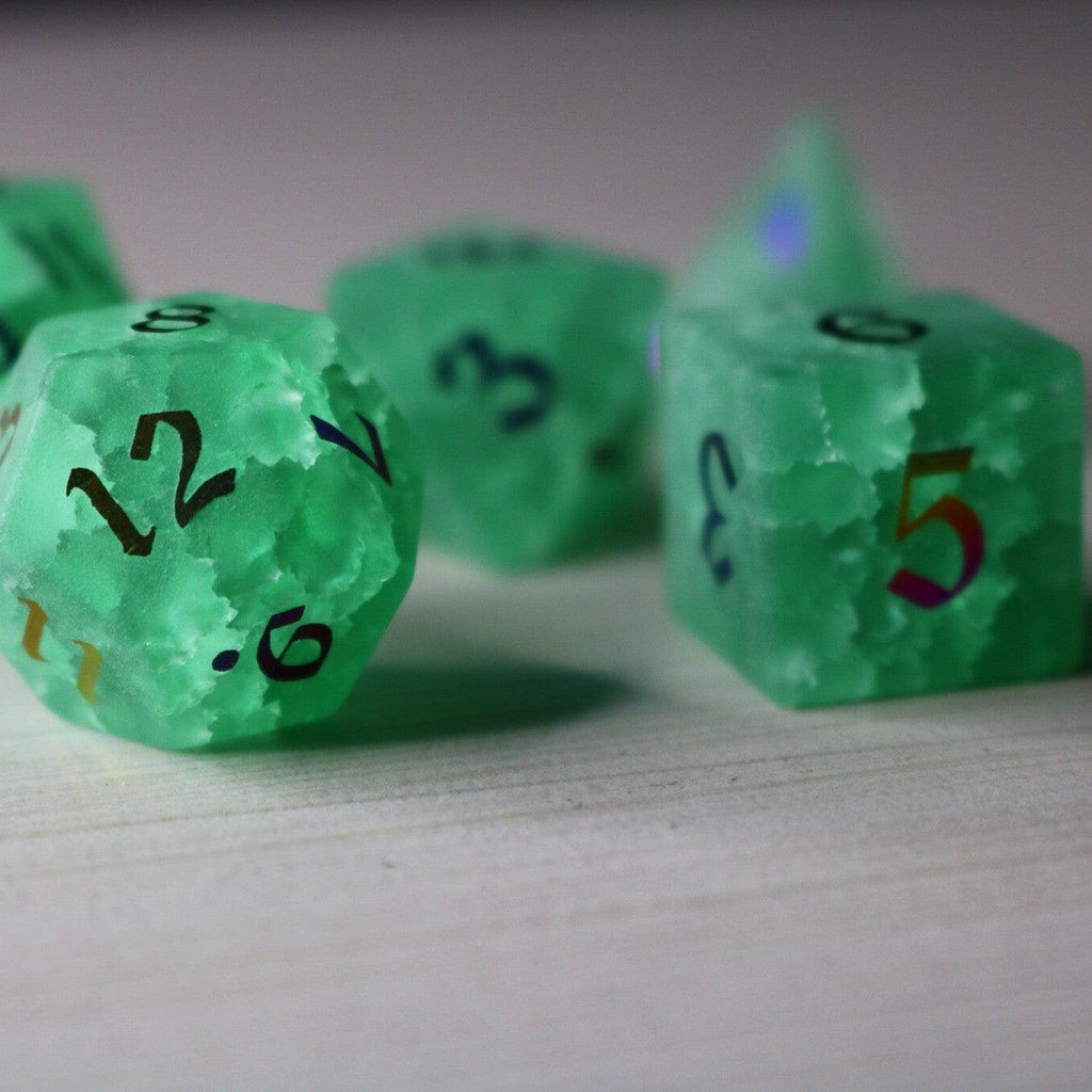 Green Mint Inked Lightning Cracked Glass DND Dice Set - The misfit market
