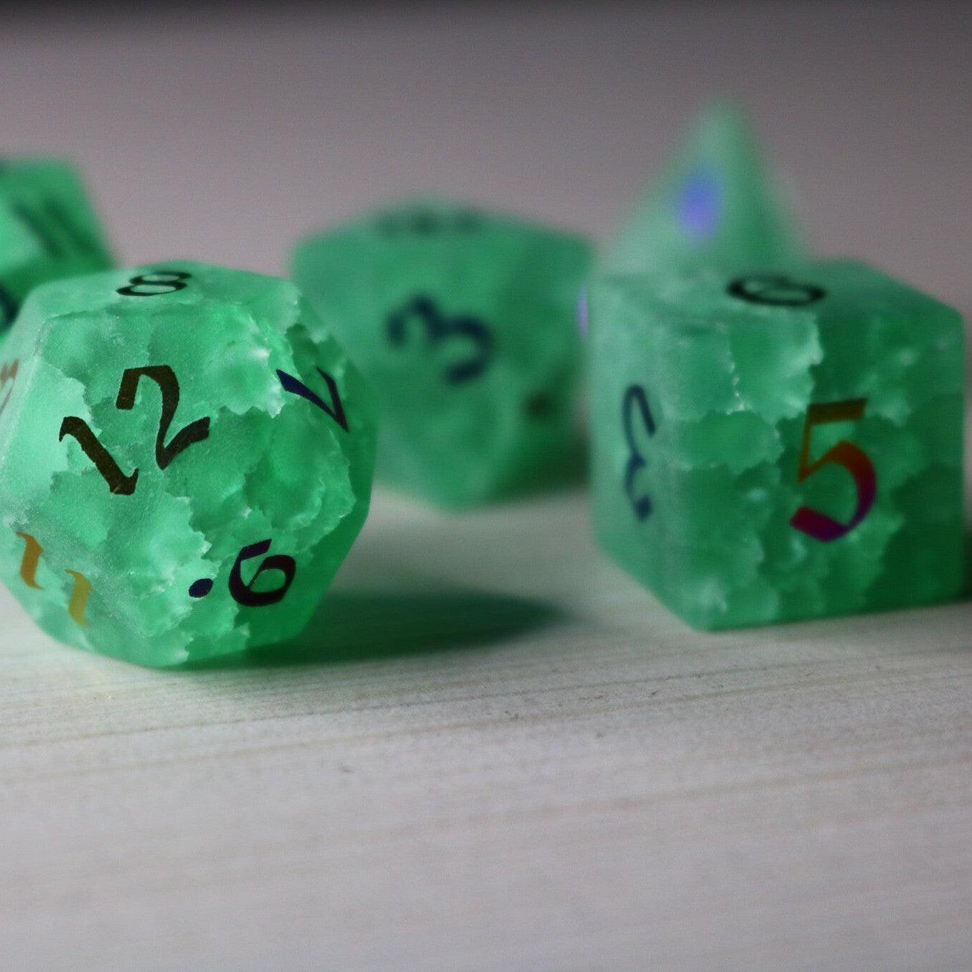 Green Mint Inked Lightning Cracked Glass DND Dice Set - The misfit market