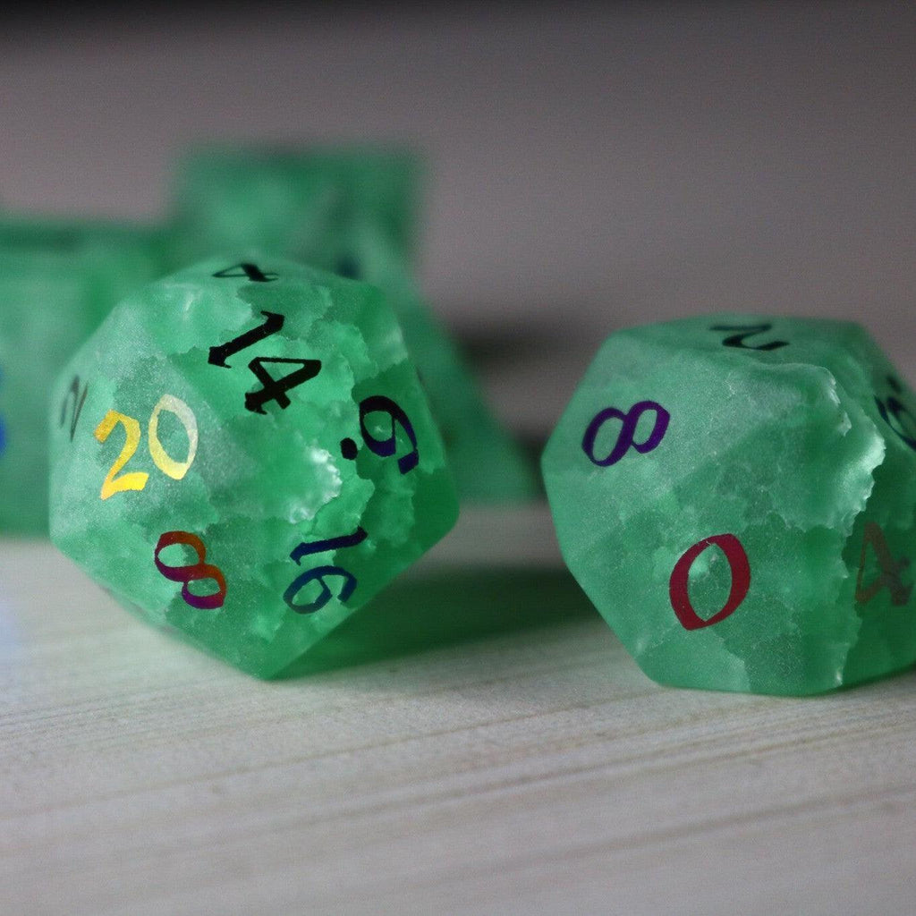 Green Mint Inked Lightning Cracked Glass DND Dice Set - The misfit market