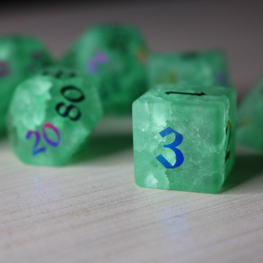 Green Mint Inked Lightning Cracked Glass DND Dice Set - The misfit market