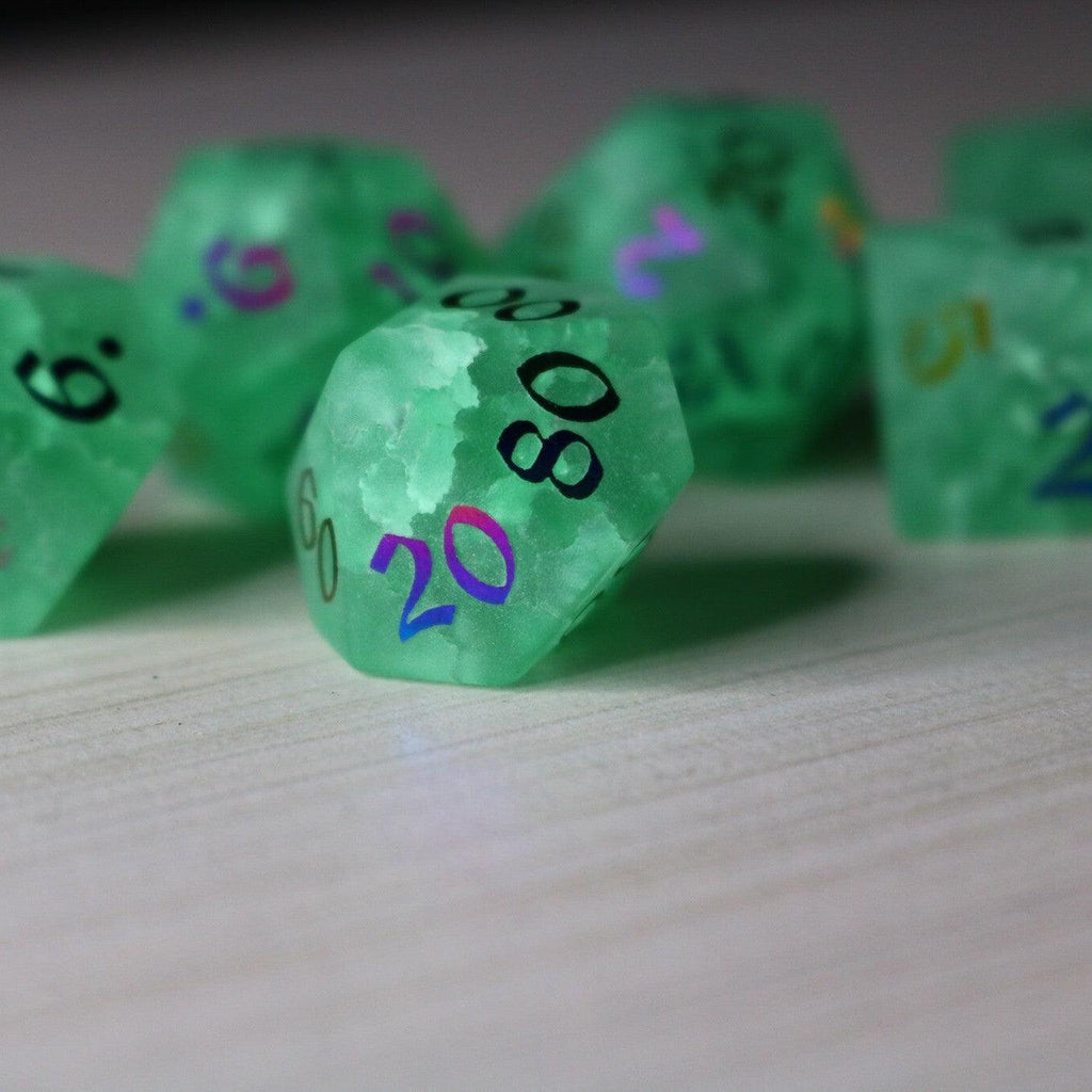 Green Mint Inked Lightning Cracked Glass DND Dice Set - The misfit market