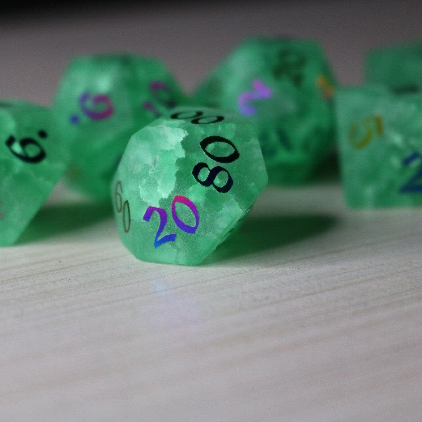 Green Mint Inked Lightning Cracked Glass DND Dice Set - The misfit market
