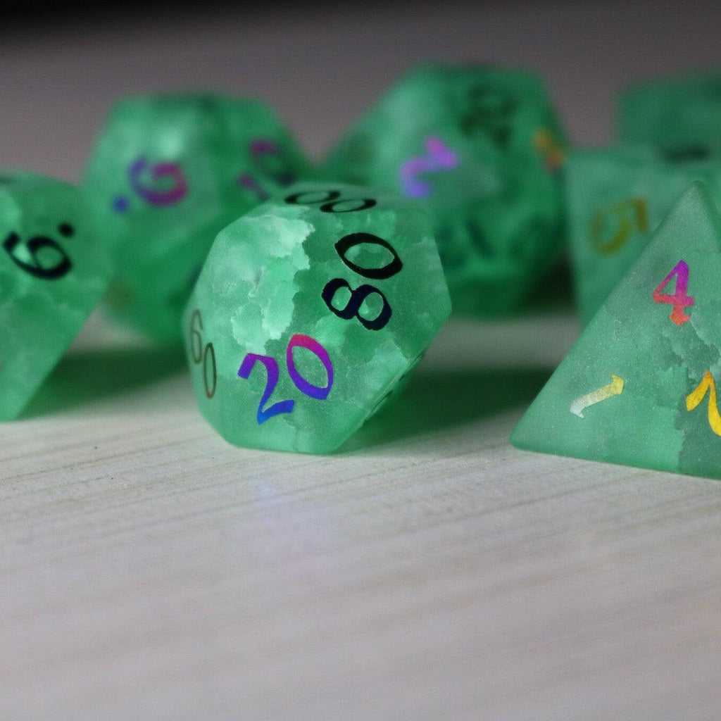 Green Mint Inked Lightning Cracked Glass DND Dice Set - The misfit market