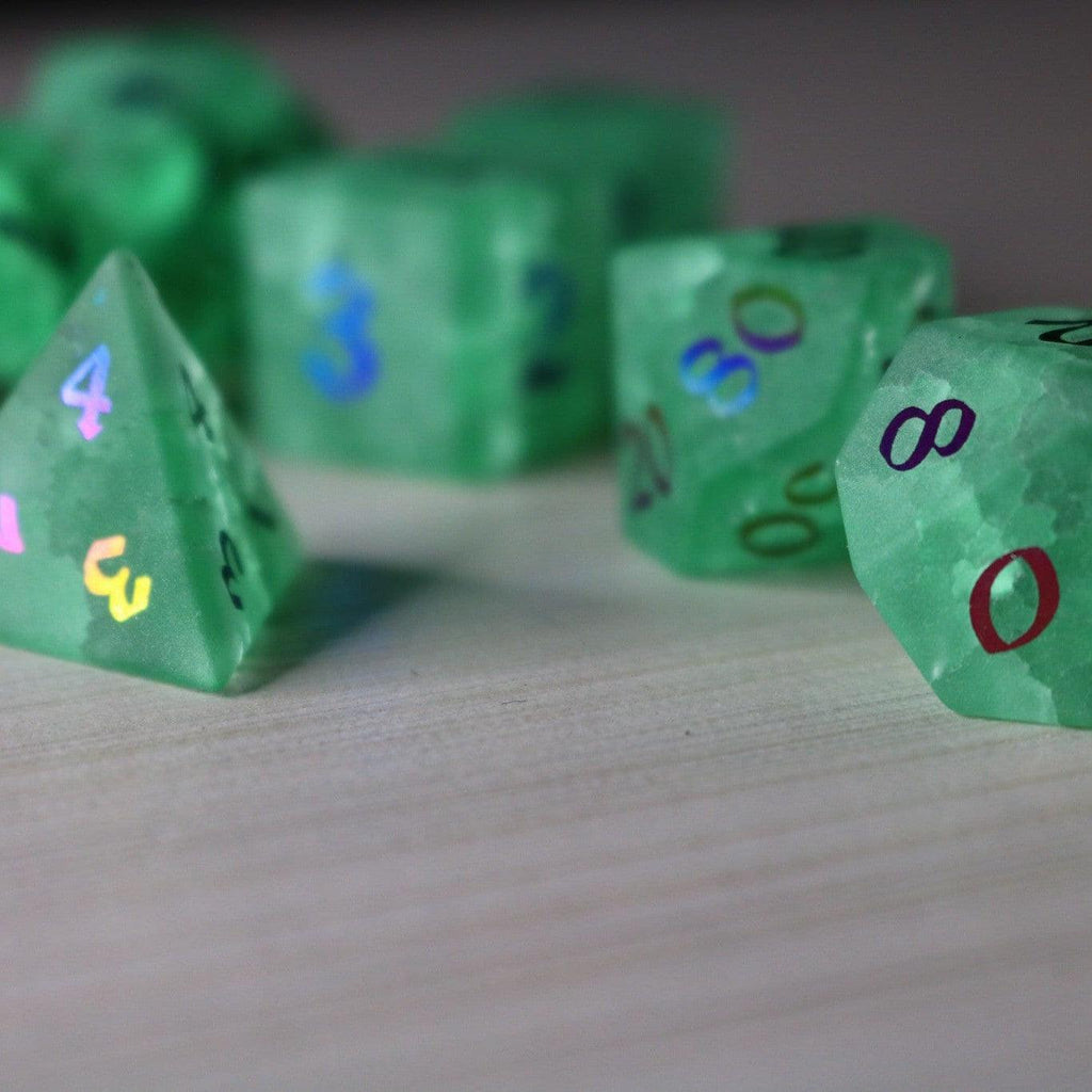 Green Mint Inked Lightning Cracked Glass DND Dice Set - The misfit market