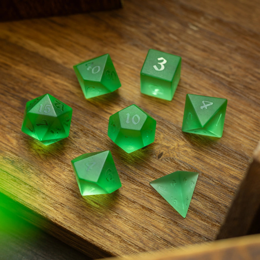 Green Raised Zircon Glass Hand Carved DND Dice Set - The misfit market