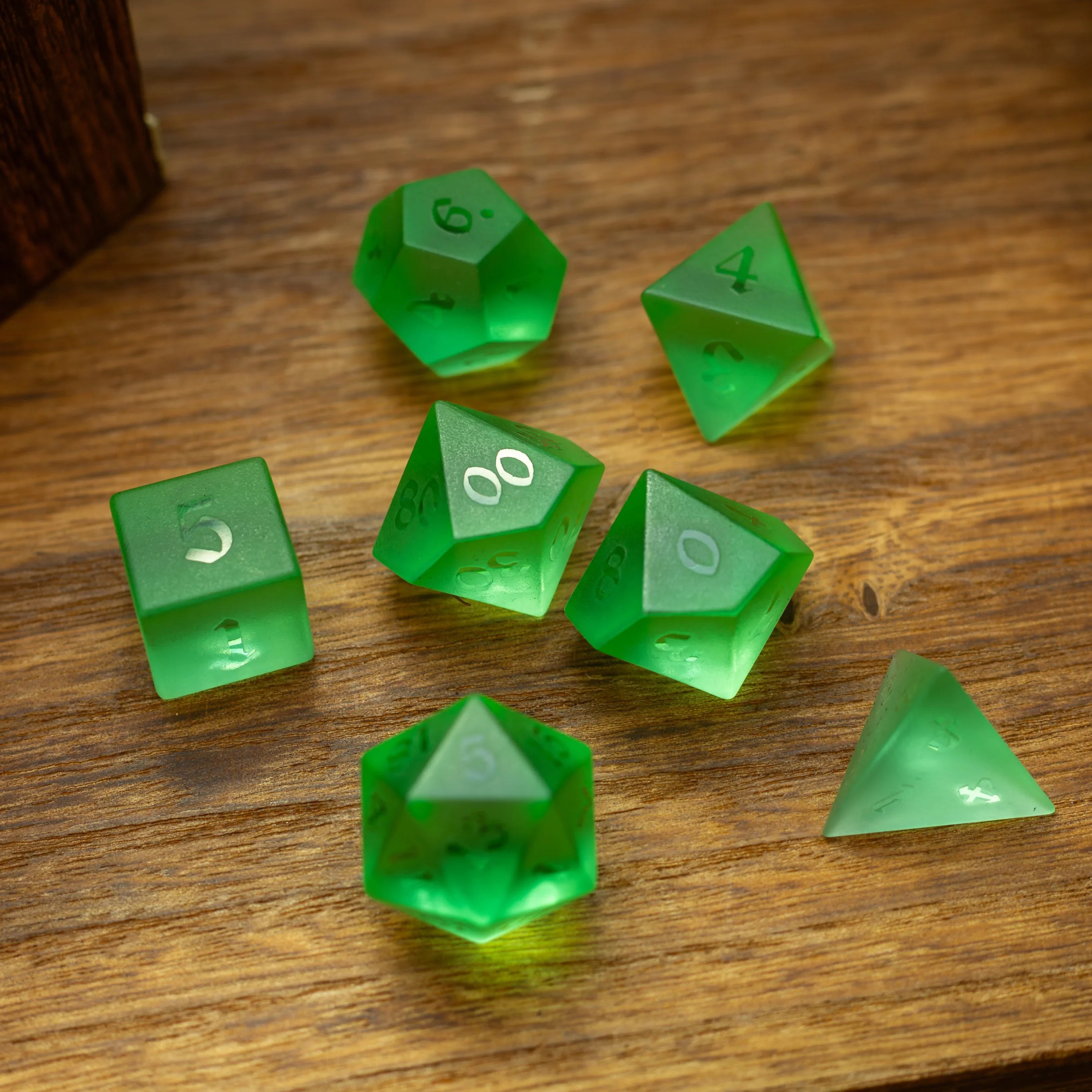 Green Raised Zircon Glass Hand Carved DND Dice Set - The misfit market