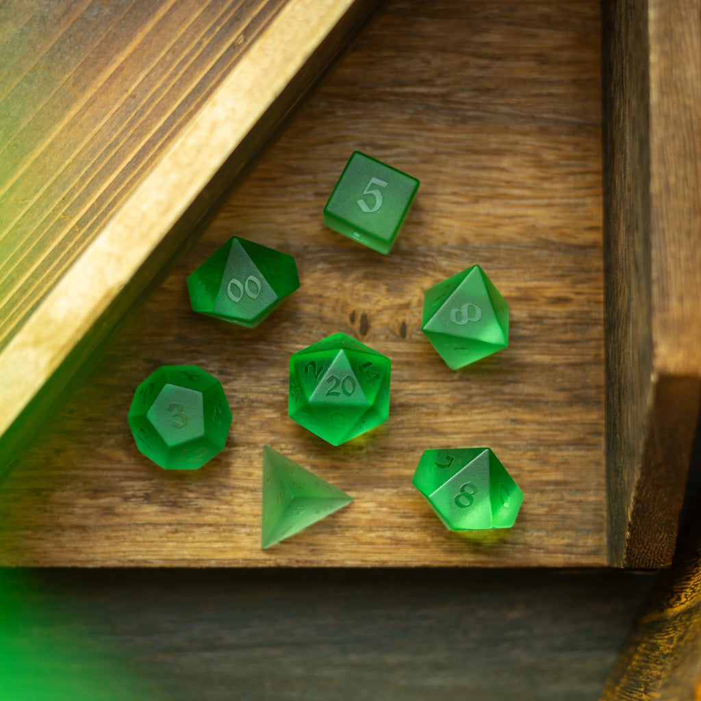 Green Raised Zircon Glass Hand Carved DND Dice Set - The misfit market