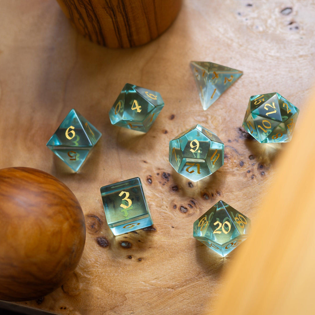 Green Water Glass Hand Carved DND Dice Set - The misfit market
