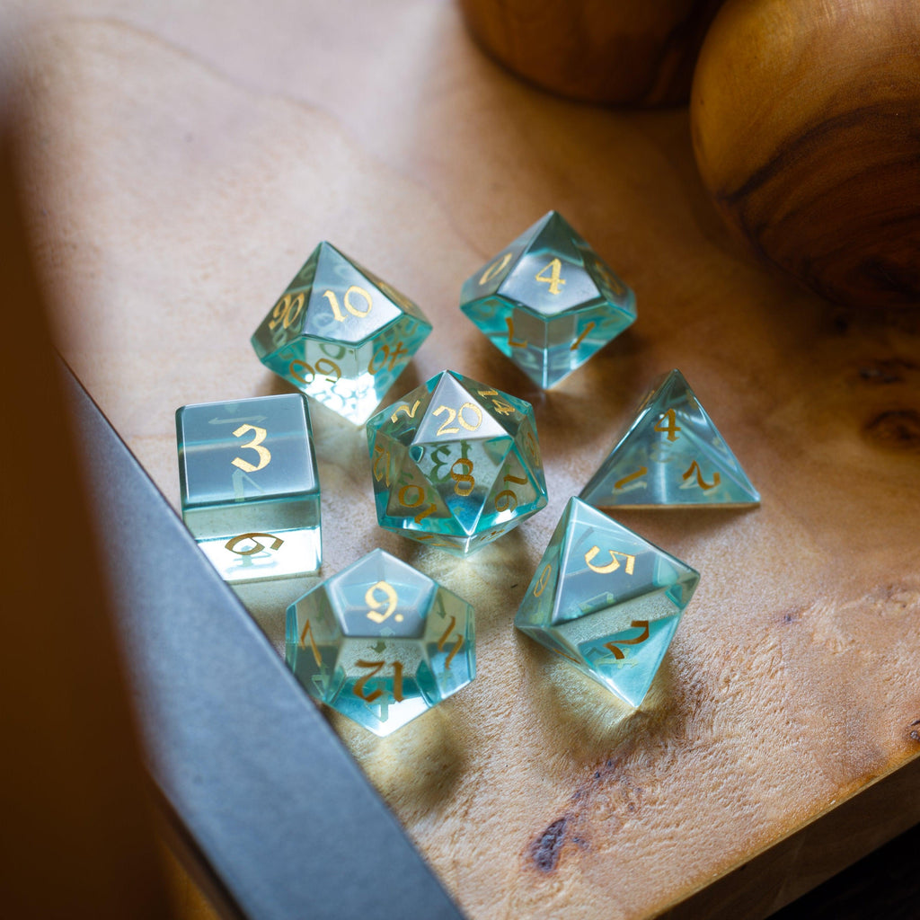 Green Water Glass Hand Carved DND Dice Set - The misfit market