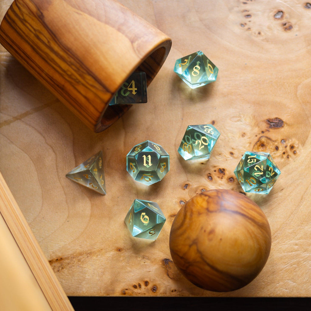 Green Water Glass Hand Carved DND Dice Set - The misfit market