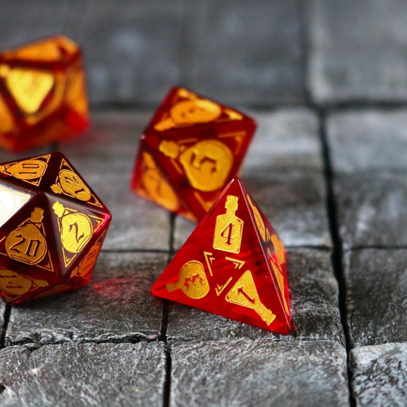 Health Potion Red Zircon Glass DND Dice Set - The misfit market