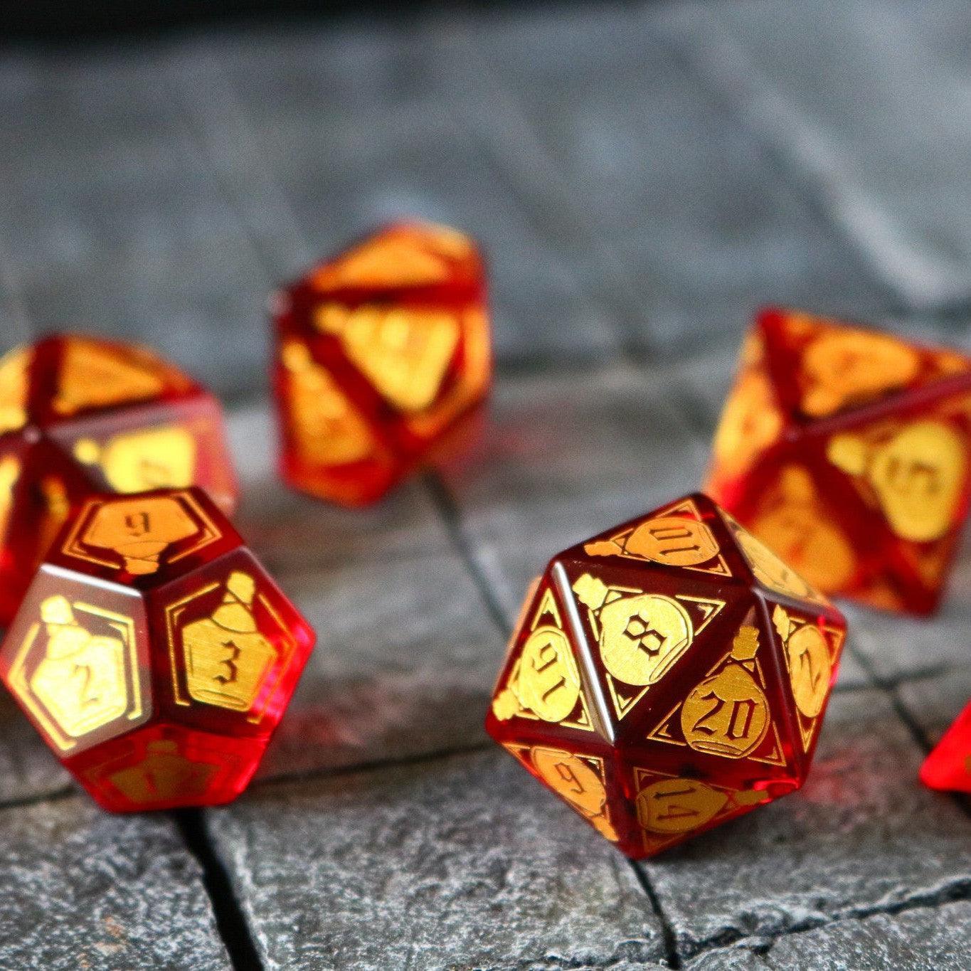 Health Potion Red Zircon Glass DND Dice Set - The misfit market