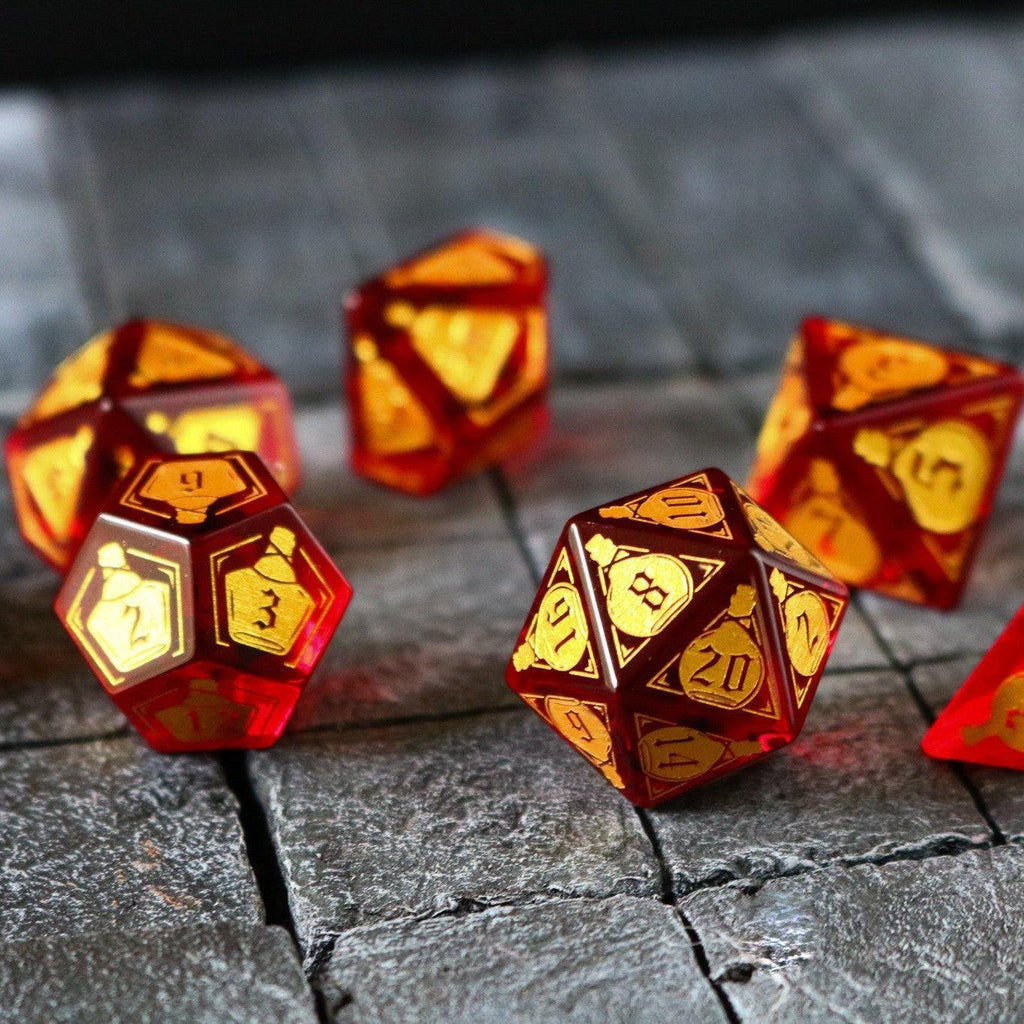 Health Potion Red Zircon Glass DND Dice Set - The misfit market
