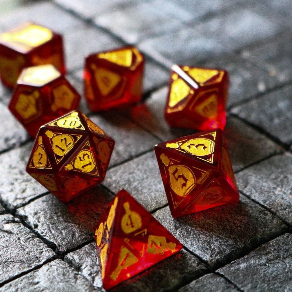 Health Potion Red Zircon Glass DND Dice Set - The misfit market