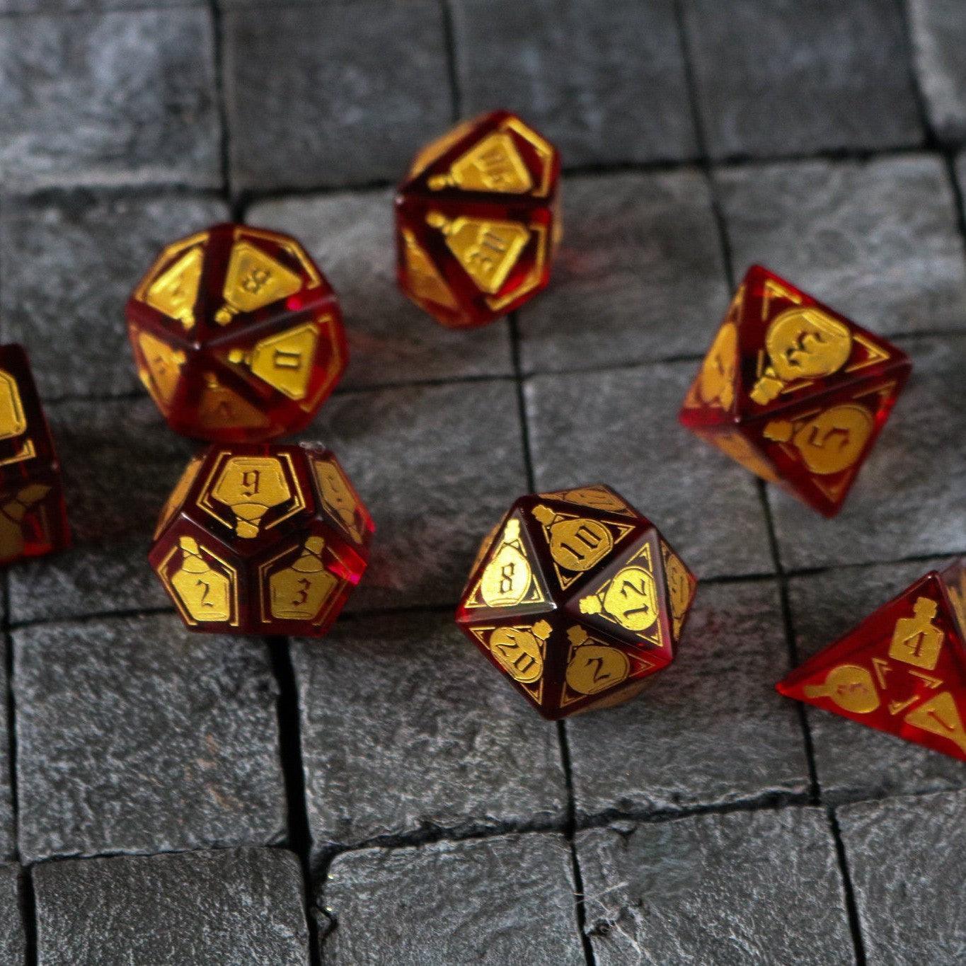 Health Potion Red Zircon Glass DND Dice Set - The misfit market