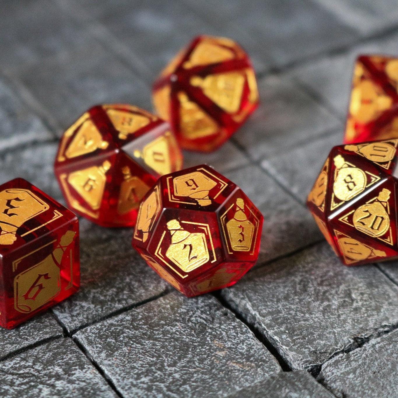 Health Potion Red Zircon Glass DND Dice Set - The misfit market