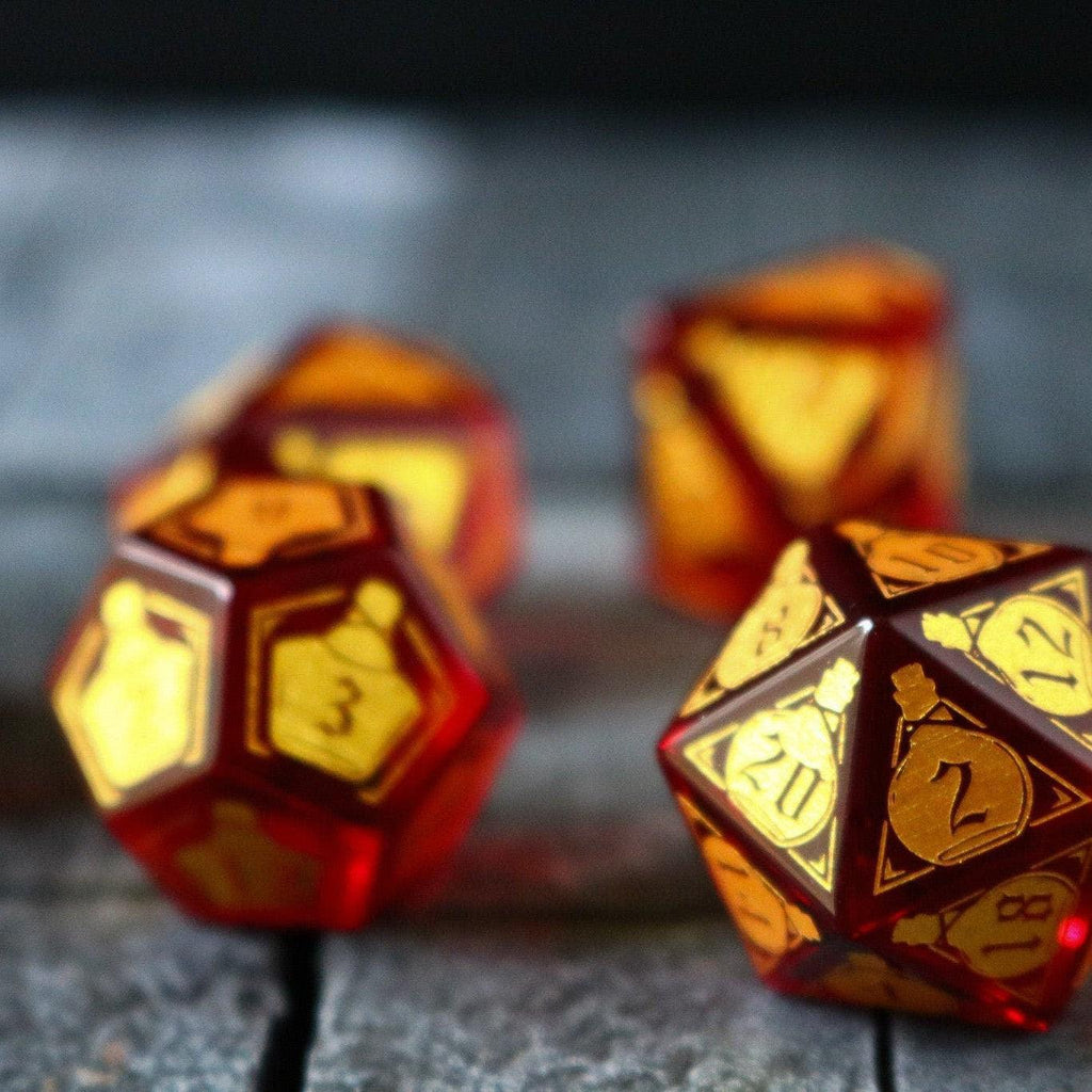 Health Potion Red Zircon Glass DND Dice Set - The misfit market