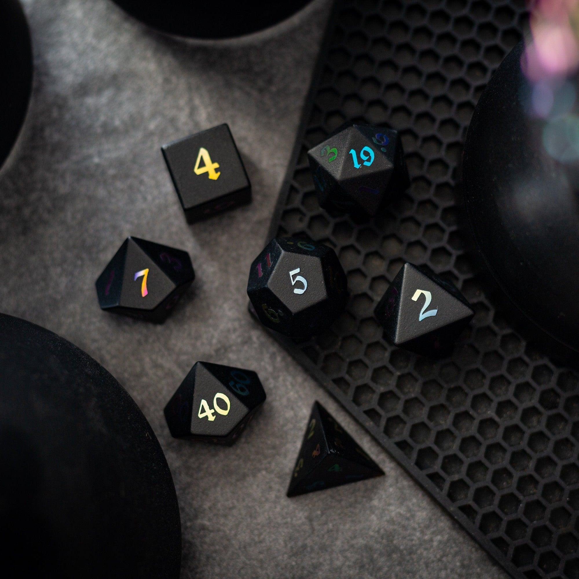 Inked Black Night Raised Obsidian Hand Carved Dice DND Set - The misfit market