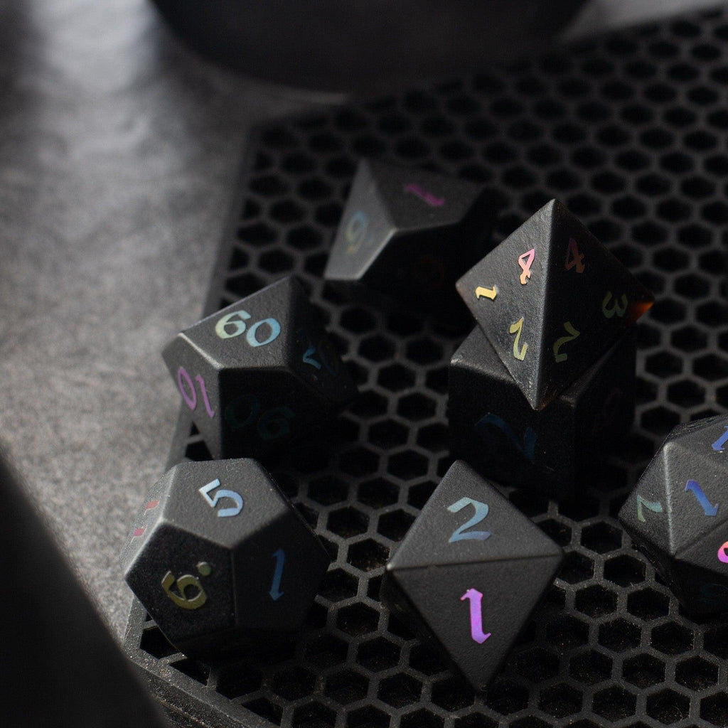 Inked Black Night Raised Obsidian Hand Carved Dice DND Set - The misfit market