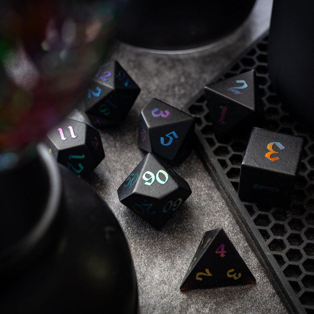 Inked Black Night Raised Obsidian Hand Carved Dice DND Set - The misfit market