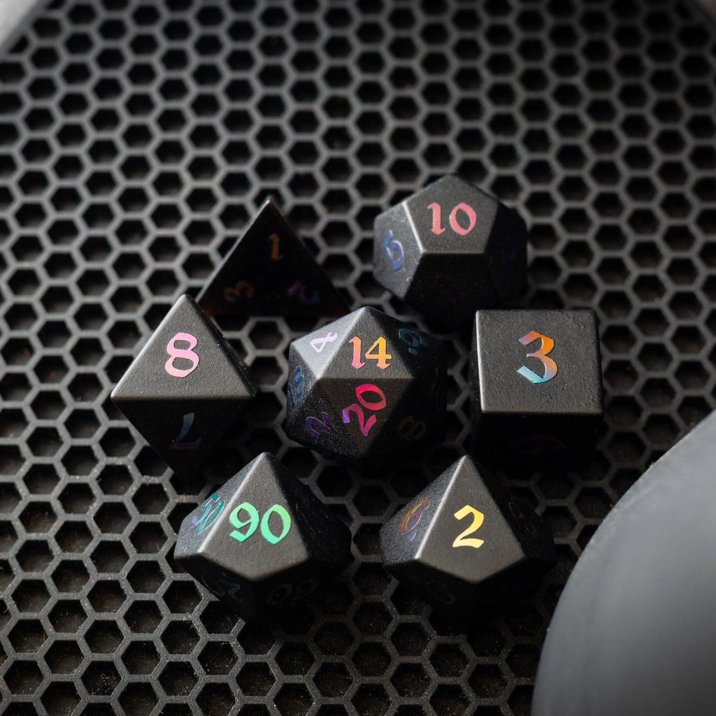 Inked Black Night Raised Obsidian Hand Carved Dice DND Set - The misfit market