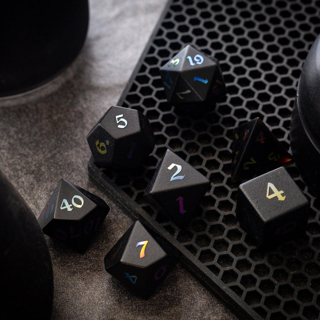 Inked Black Night Raised Obsidian Hand Carved Dice DND Set - The misfit market