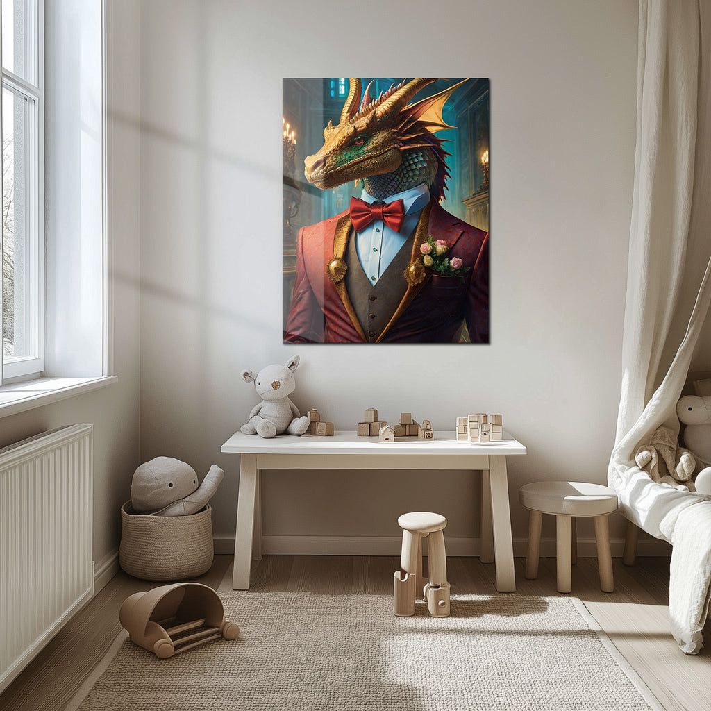 Dapper Dragon Gentleman Glass Wall Art – Fantasy Beast in Elegant Red Suit-KAFCD011 - The misfit market