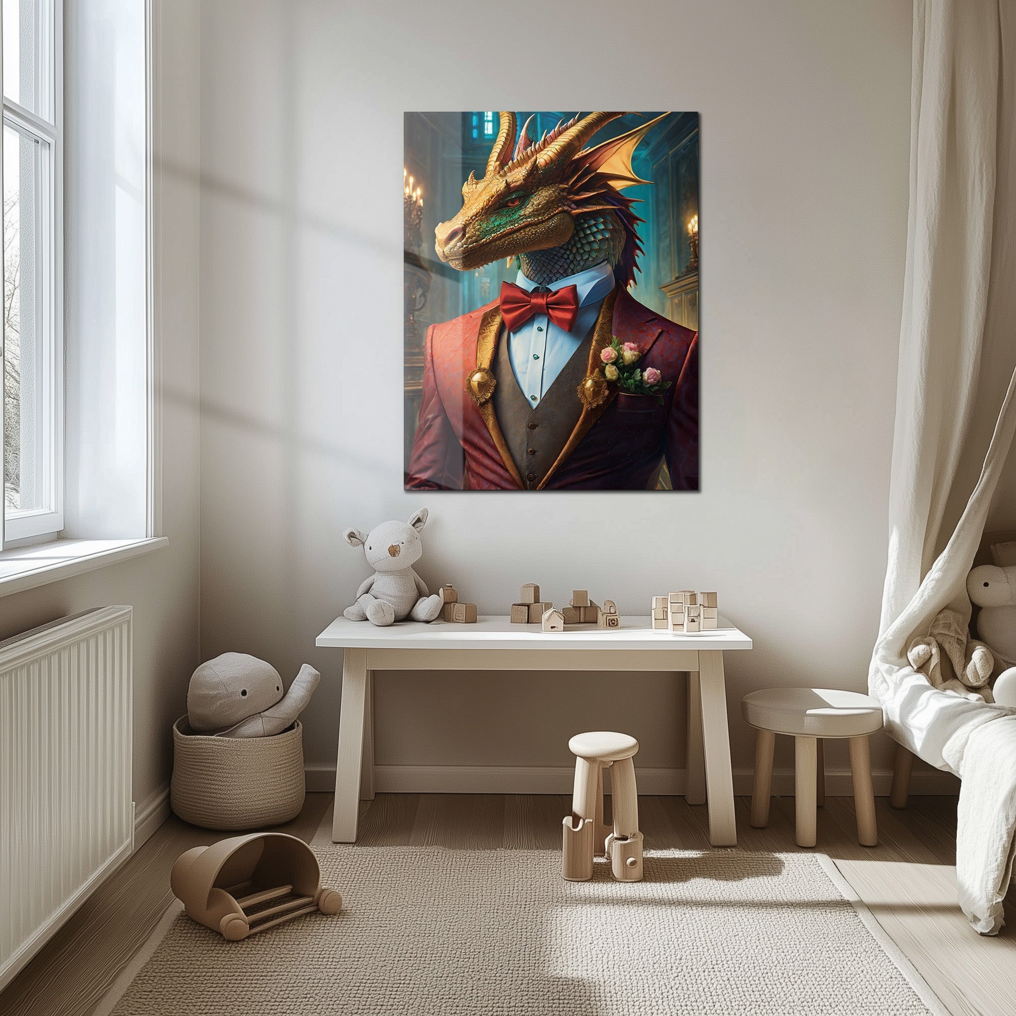 Dapper Dragon Gentleman Glass Wall Art – Fantasy Beast in Elegant Red Suit-KAFCD011 - The misfit market