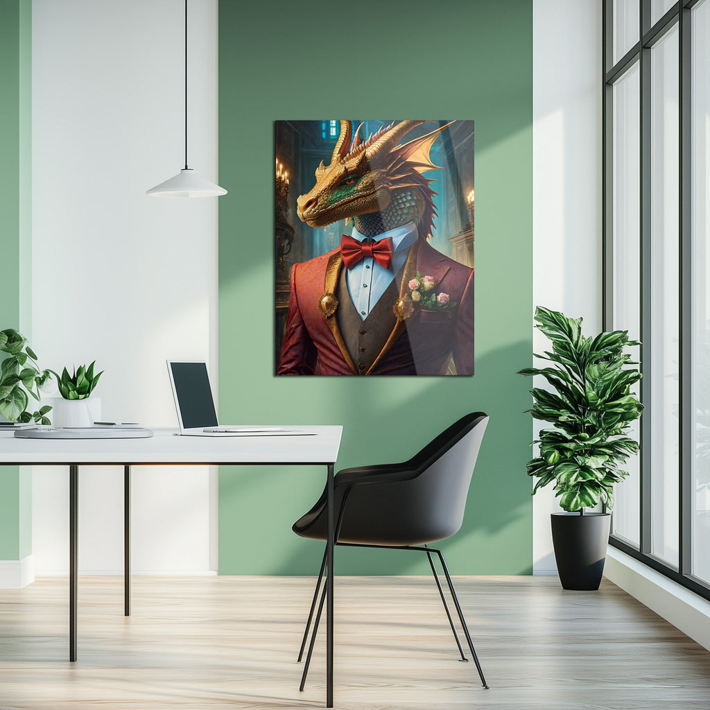 Dapper Dragon Gentleman Glass Wall Art – Fantasy Beast in Elegant Red Suit-KAFCD011 - The misfit market