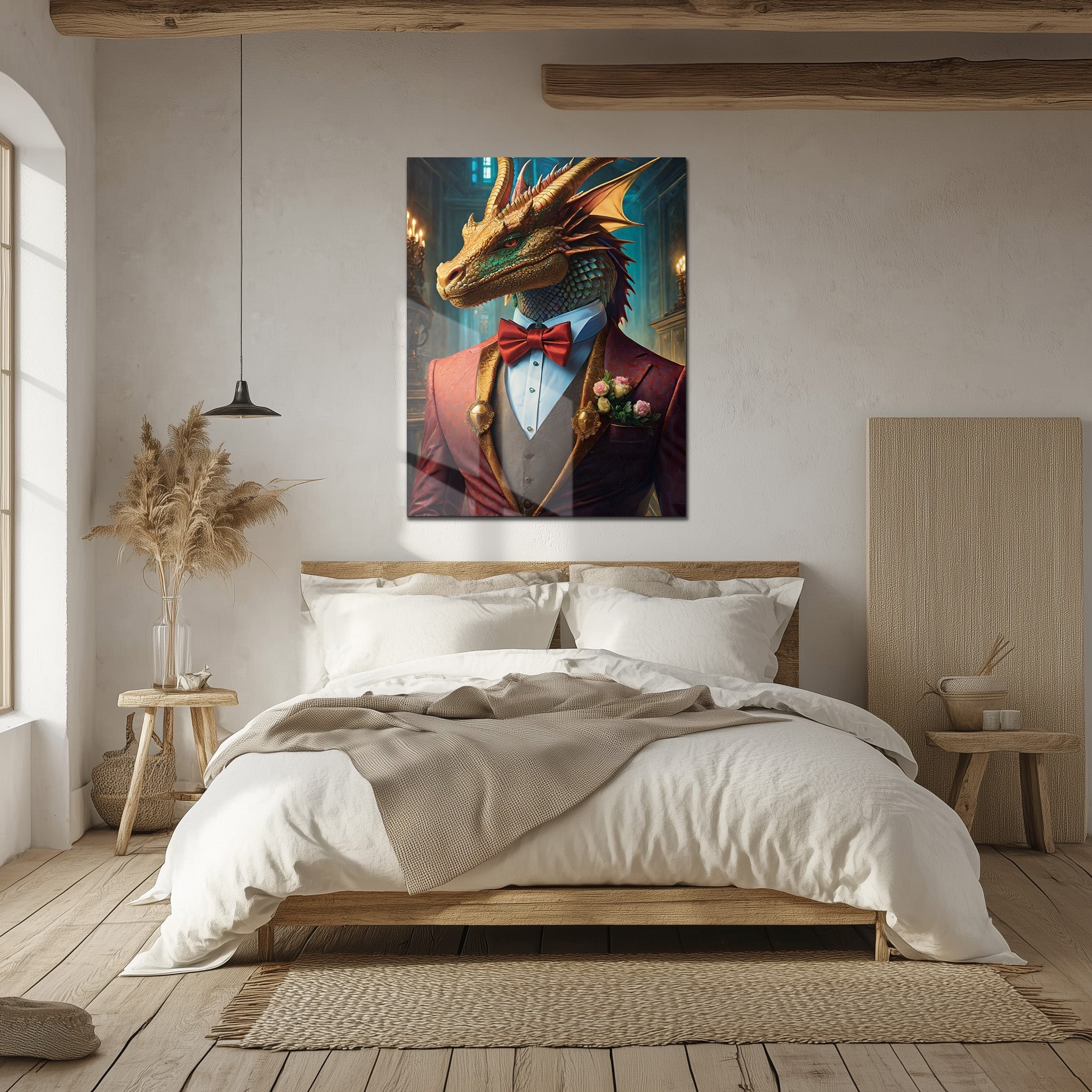 Dapper Dragon Gentleman Glass Wall Art – Fantasy Beast in Elegant Red Suit-KAFCD011 - The misfit market