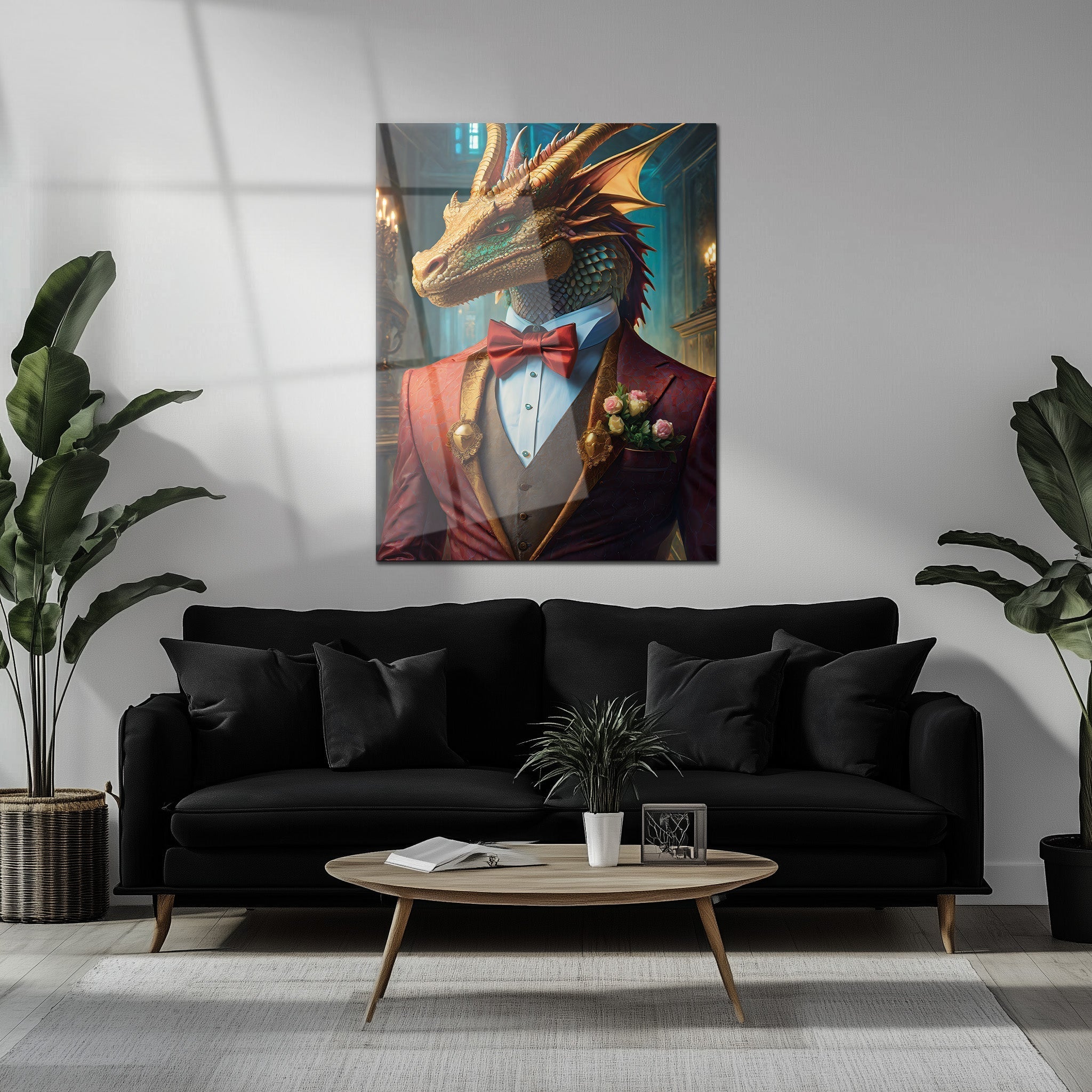 Dapper Dragon Gentleman Glass Wall Art – Fantasy Beast in Elegant Red Suit-KAFCD011 - The misfit market