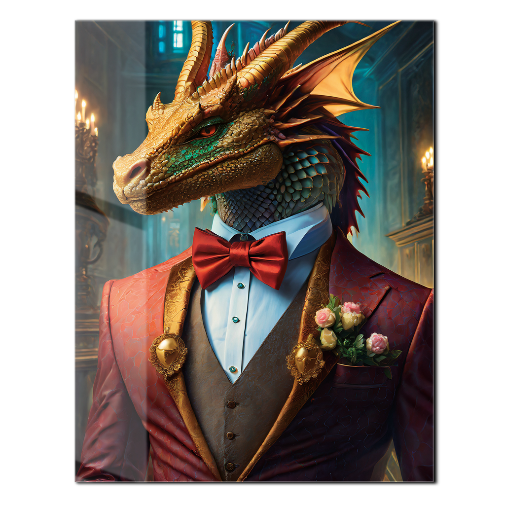Dapper Dragon Gentleman Glass Wall Art – Fantasy Beast in Elegant Red Suit-KAFCD011 - The misfit market