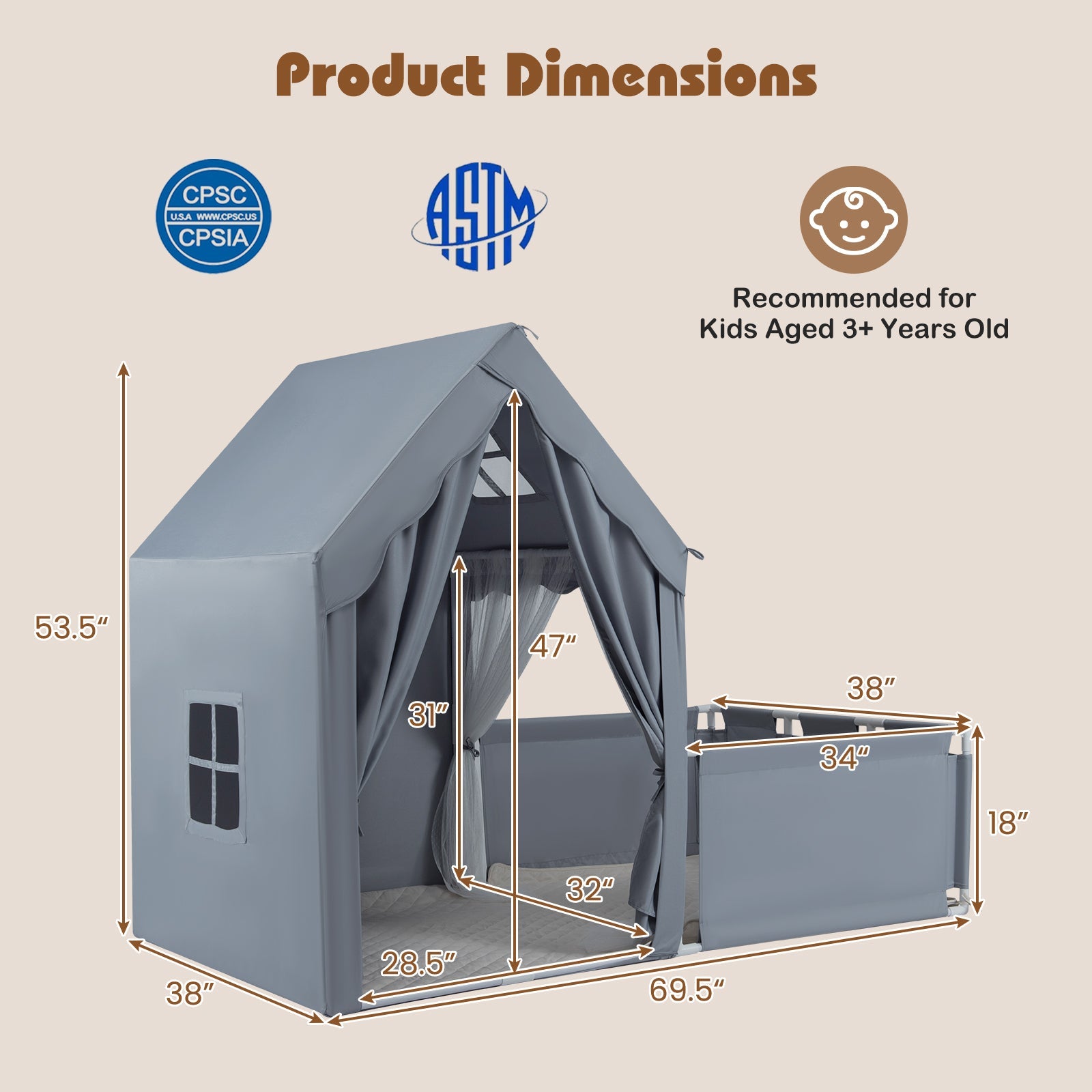 Kids Play Tent with Playpen 2-in-1 Toddler Playhouse with Yard