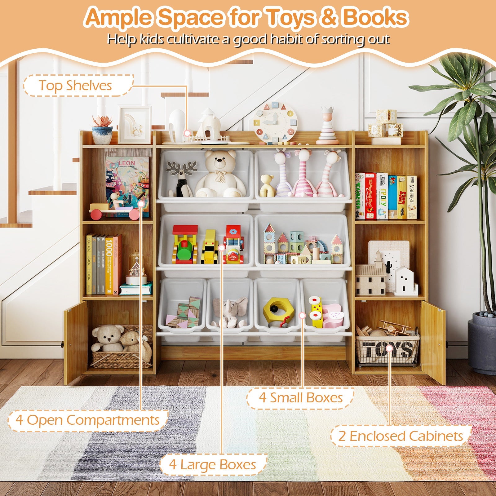 Kids Toy Storage and Bookshelf with Boxes and Open Shelves