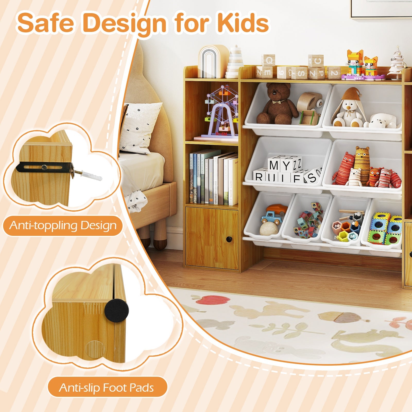 Kids Toy Storage and Bookshelf with Boxes and Open Shelves