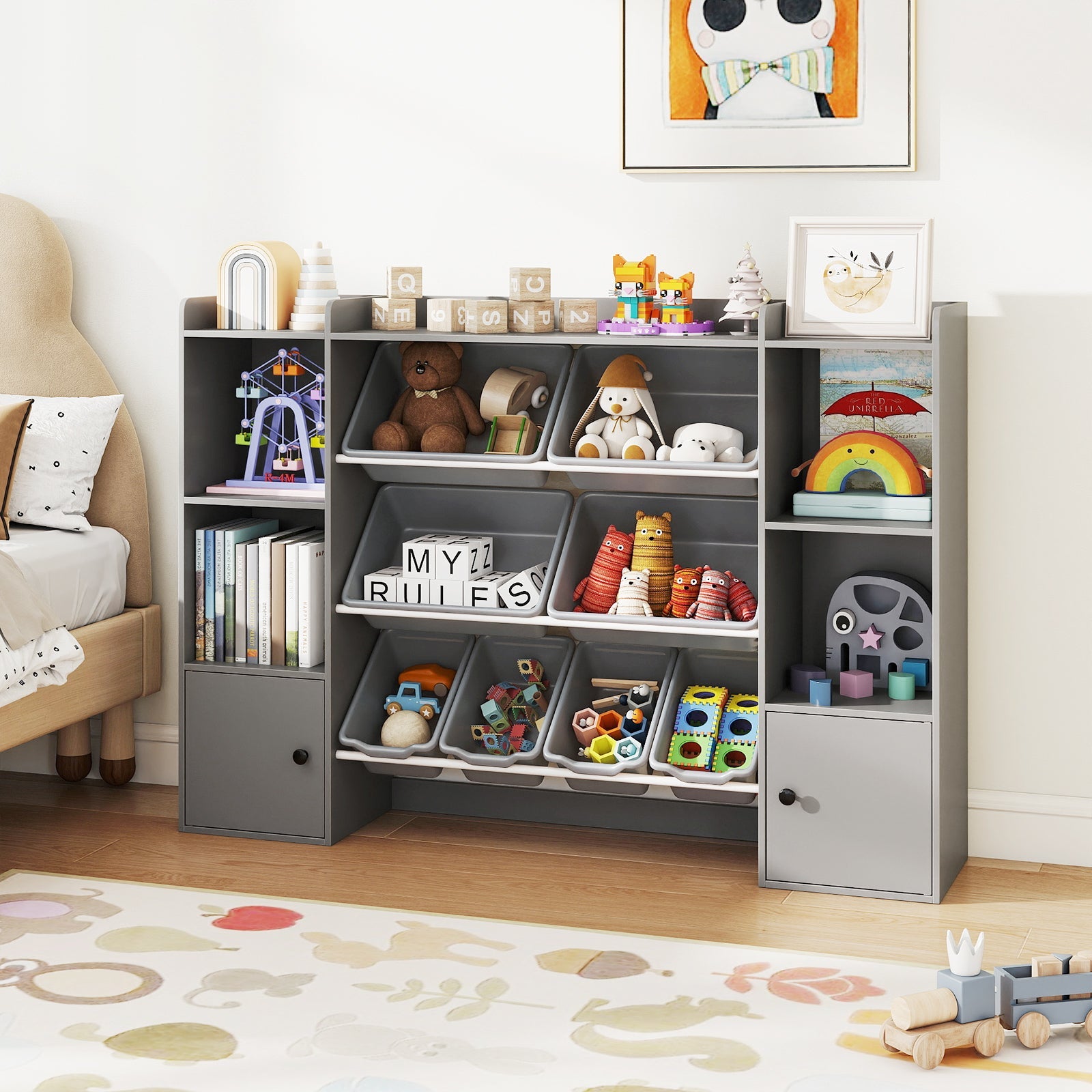 Kids Toy Storage and Bookshelf with Boxes and Open Shelves