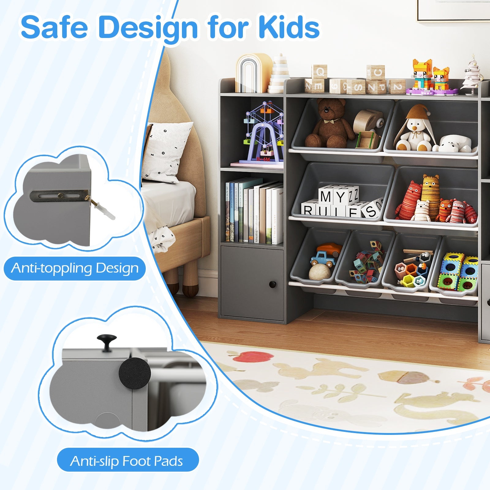 Kids Toy Storage and Bookshelf with Boxes and Open Shelves